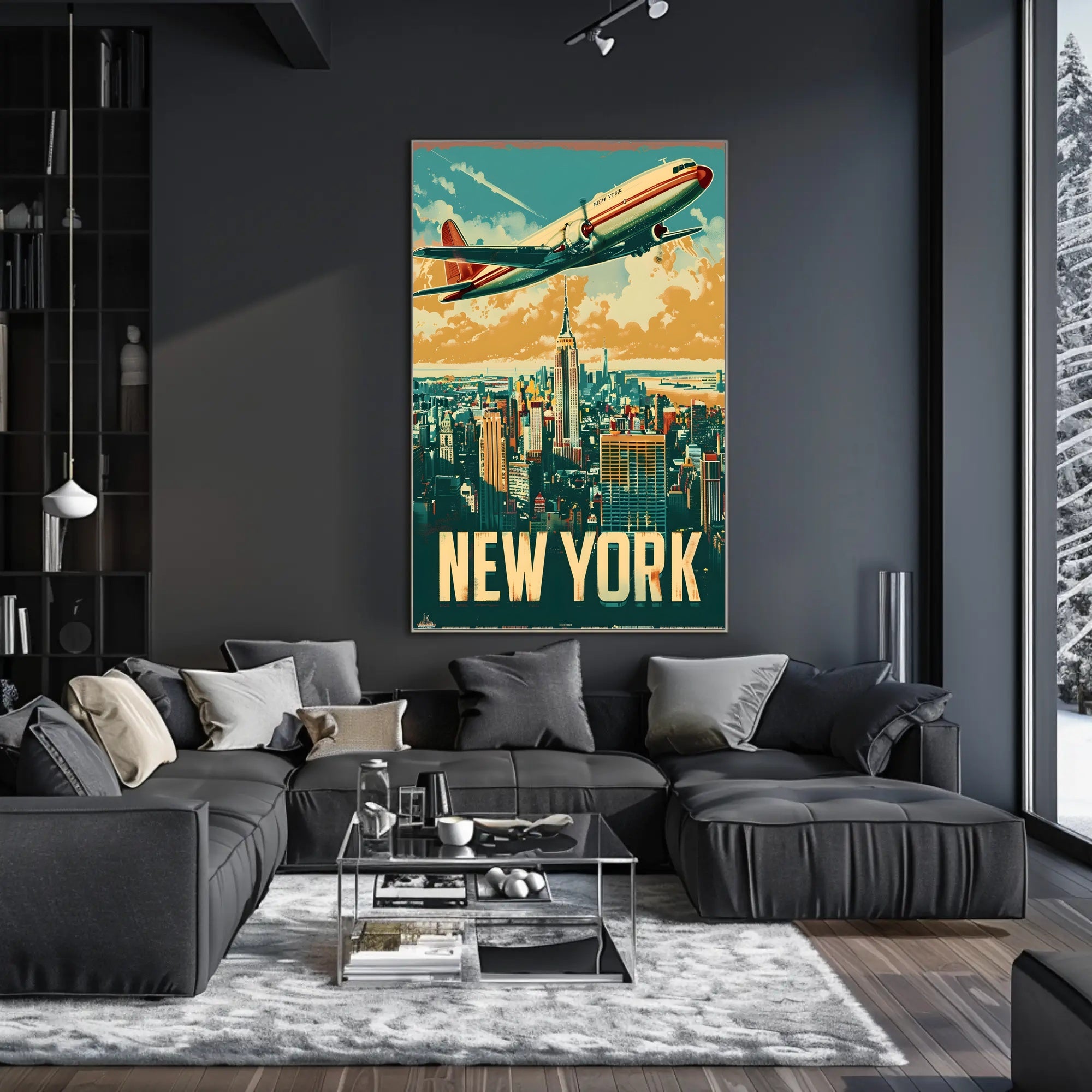 New York Skyline with Airplane Travel Poster