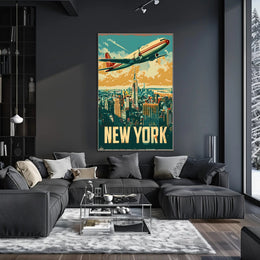 New York Skyline with Airplane Poster Vintage Wall Art