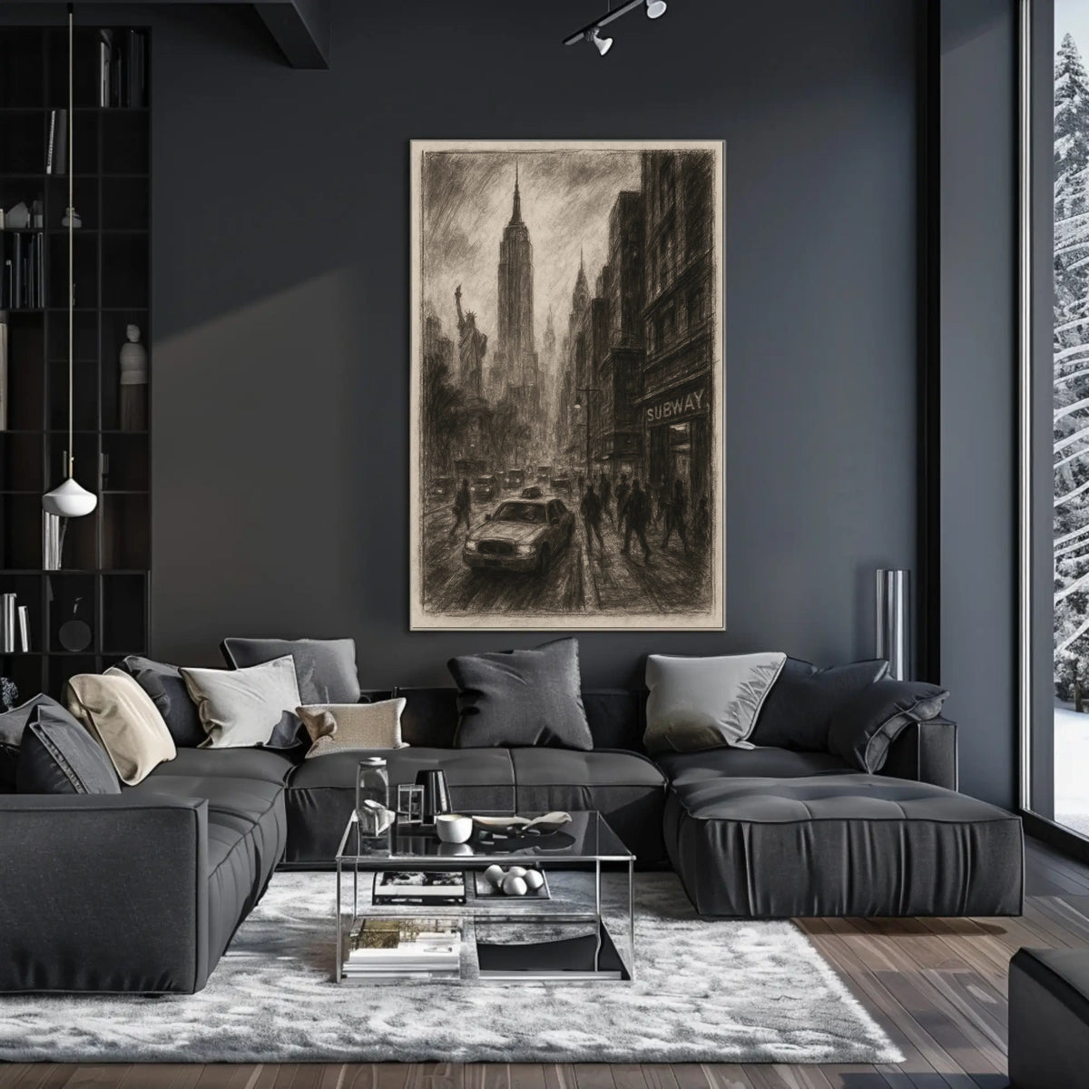 Charcoal Cityscape Of New York Poster Vintage Wall Art