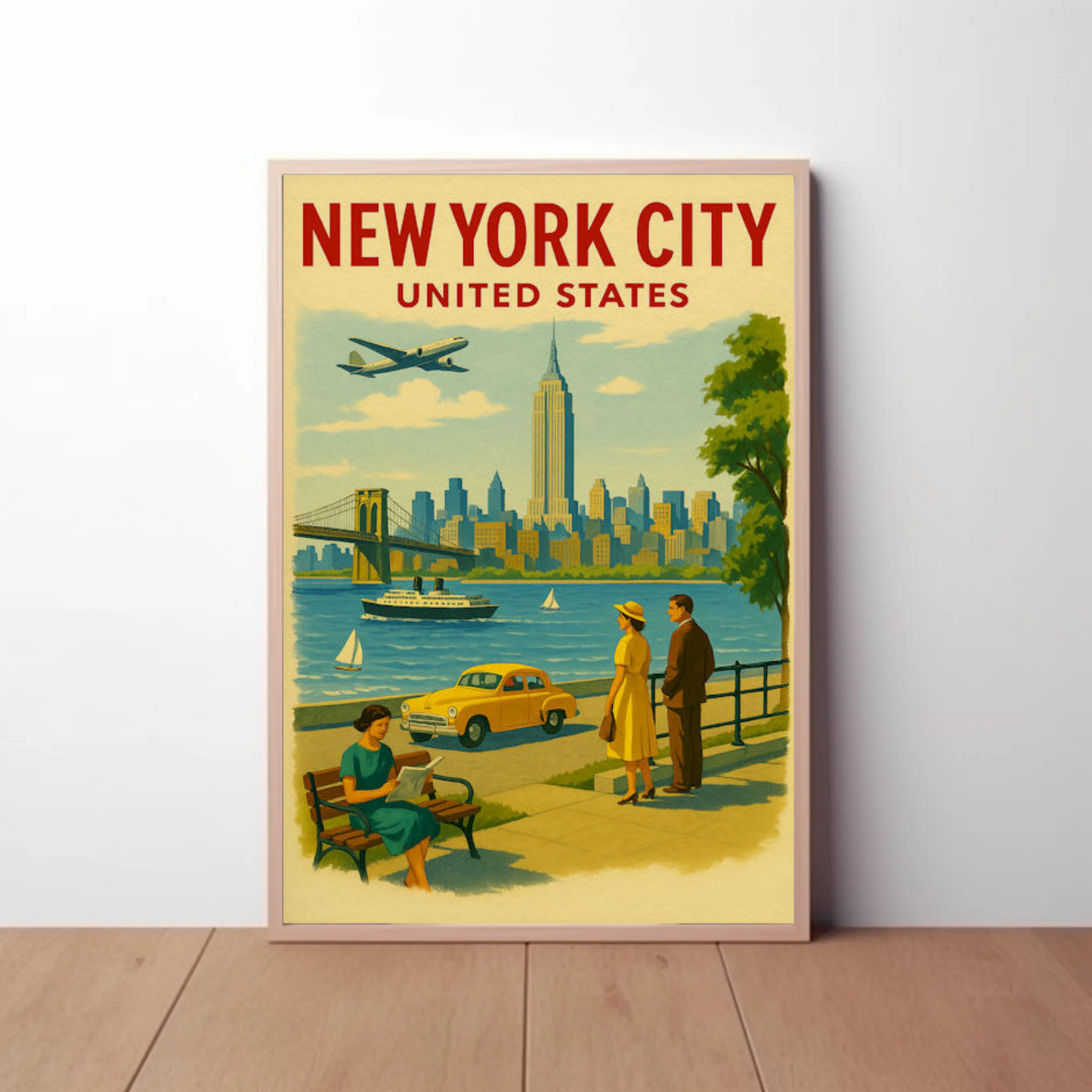 New York City 1950s Skyline Brooklyn Bridge Travel Poster