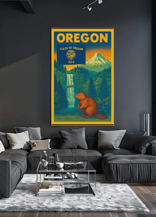 Vintage Oregon Travel Poster Featuring Iconic Natural Landmarks