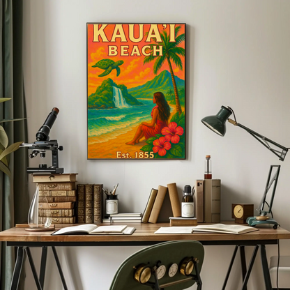 Kauai Beach Hawaii Waterfall Turtle Est 1855 Vintage Travel Poster