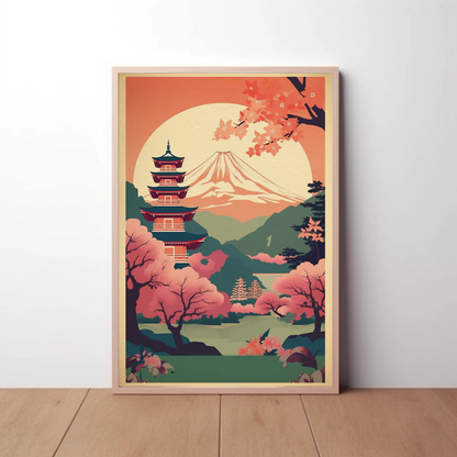 Japan Fuji Pagoda Sakura Moon Spring Sunset Travel Poster