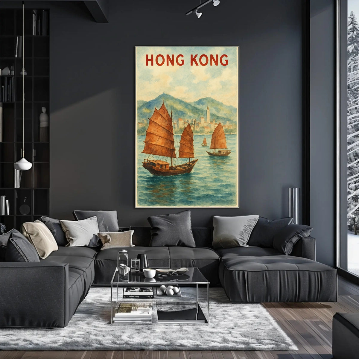 Hong Kong Harbor Watercolor Travel Poster