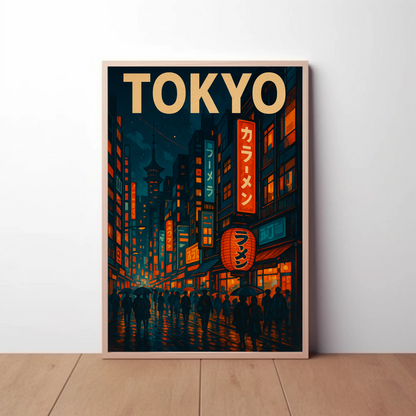 Tokyo Night Rain Lantern Travel Poster