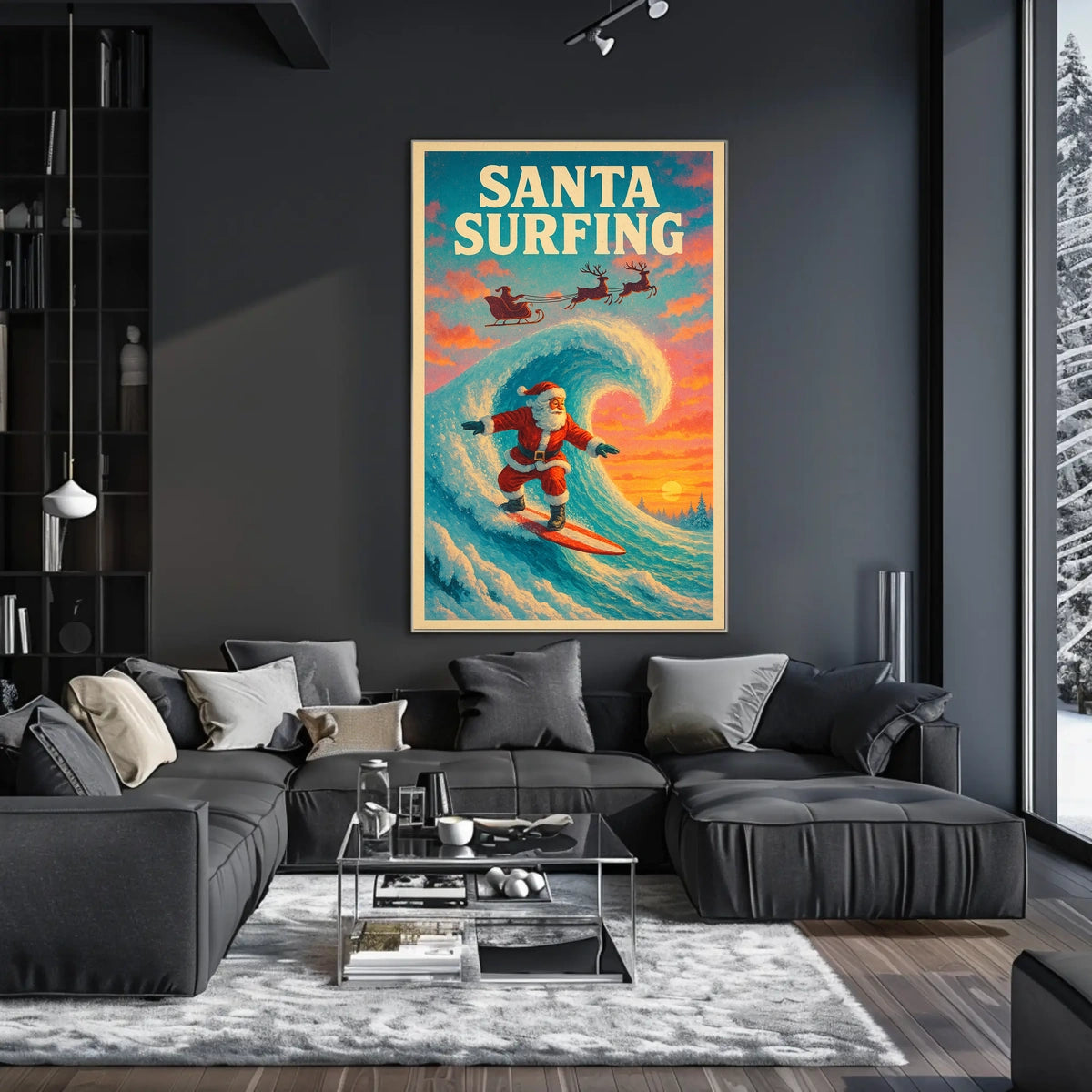 Santa Surfing Christmas Wave Vintage Poster Art
