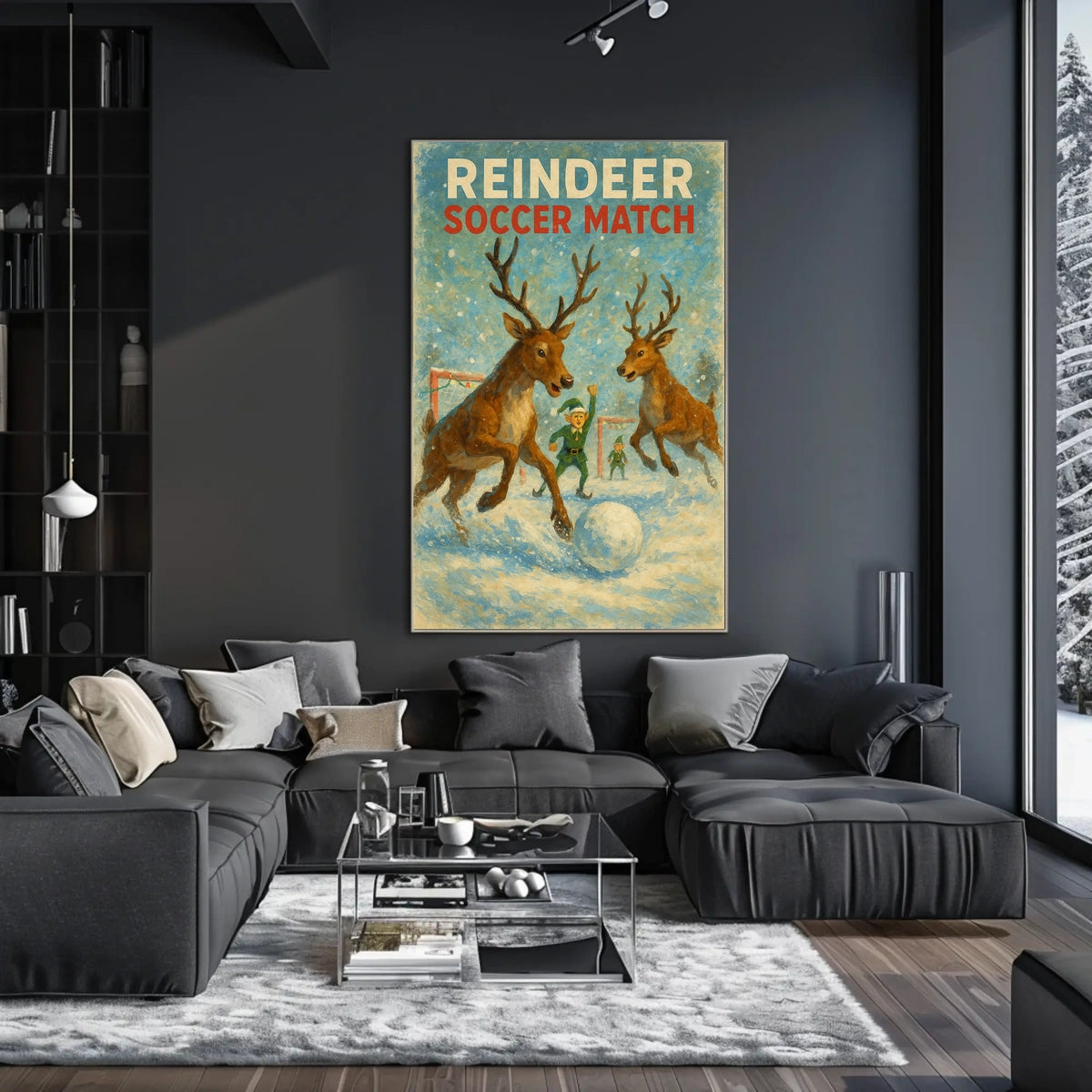Reindeer Soccer Match: Whimsical Holiday Poster Art