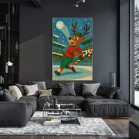 Whimsical Reindeer Baseball Holiday Poster Vintage Style