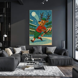 Whimsical Reindeer Baseball Holiday Poster Vintage Style