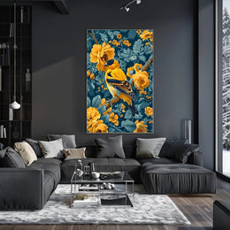 Golden Songbird Wall Art Amidst Blossoms
