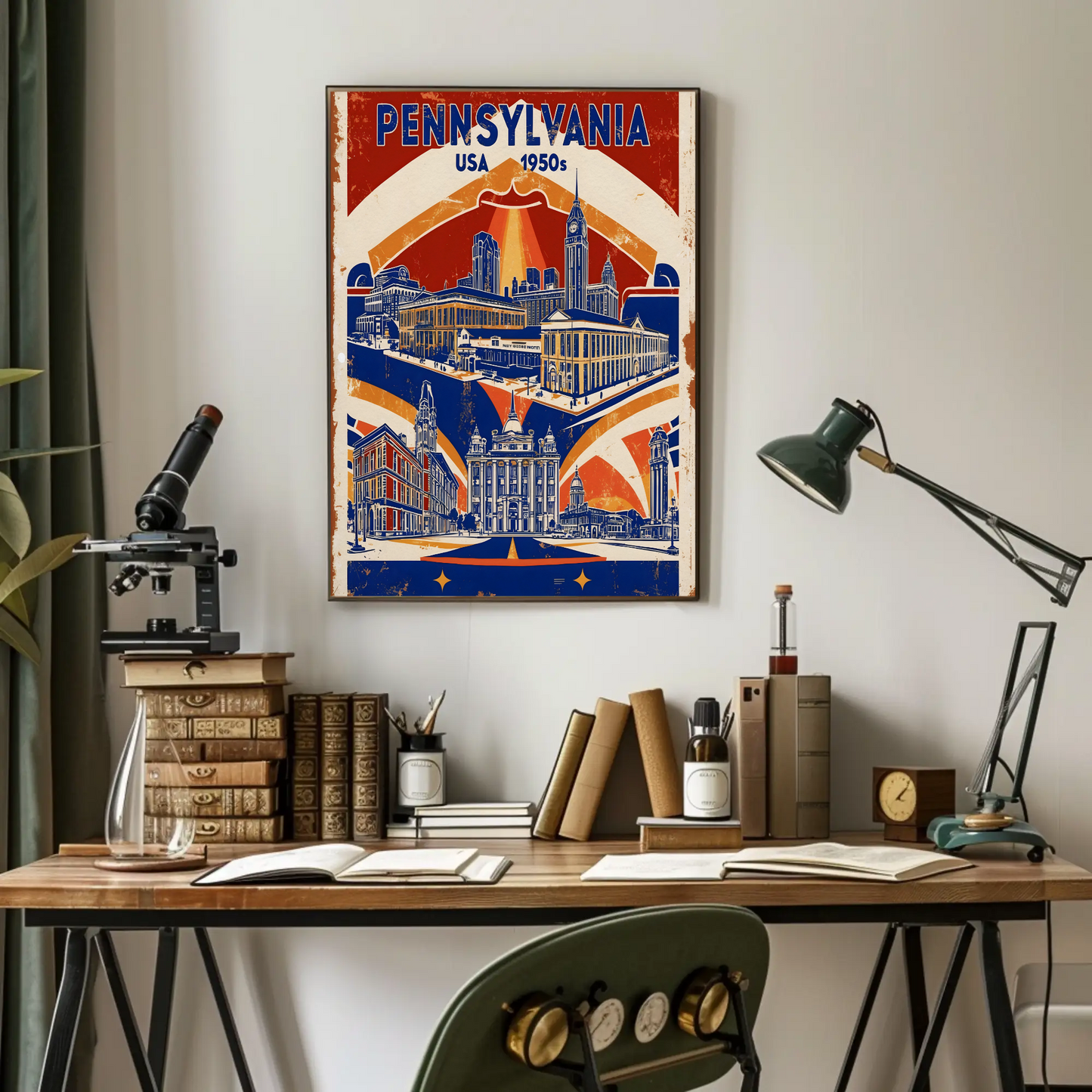 Pennsylvania USA 1950s Monument Skyline Vintage Travel Poster
