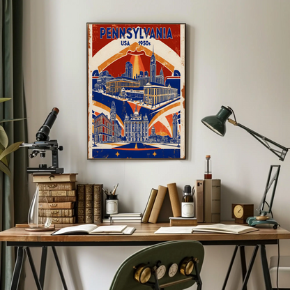 Pennsylvania USA 1950s Monument Skyline Vintage Travel Poster