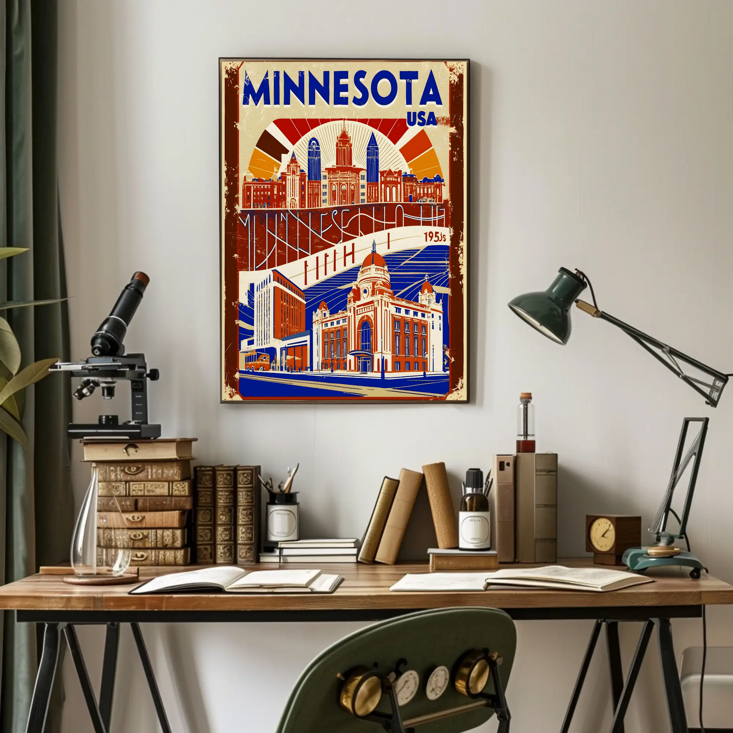 Minnesota USA 1950s Civic Skyline Vintage Travel Poster