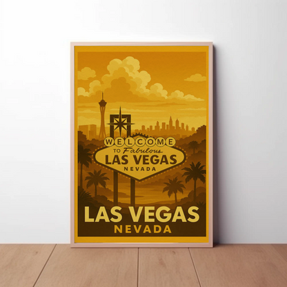 Golden Las Vegas Skyline Welcome Sign Retro Poster