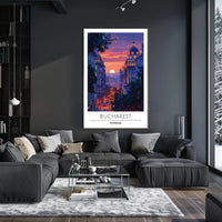 Bucharest Evening Street Scene at Sunset Travel Poster