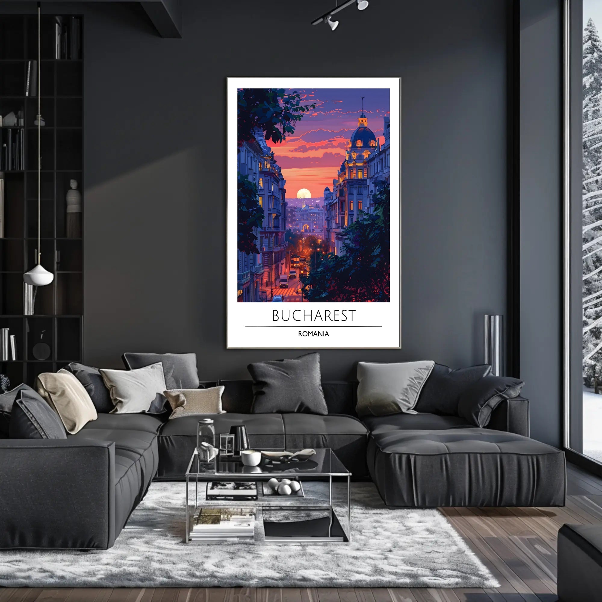 Bucharest Evening Street Scene at Sunset Travel Poster