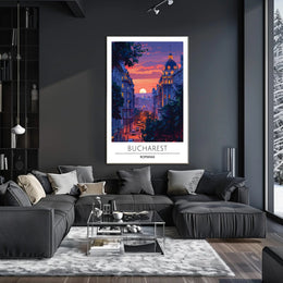 Bucharest Evening Street Scene at Sunset Travel Poster