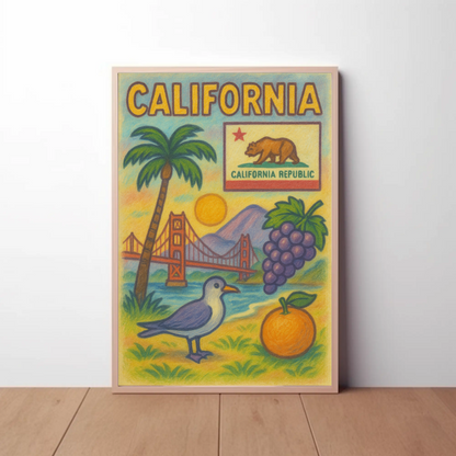 California Golden Gate Grapes Seagull Travel Poster