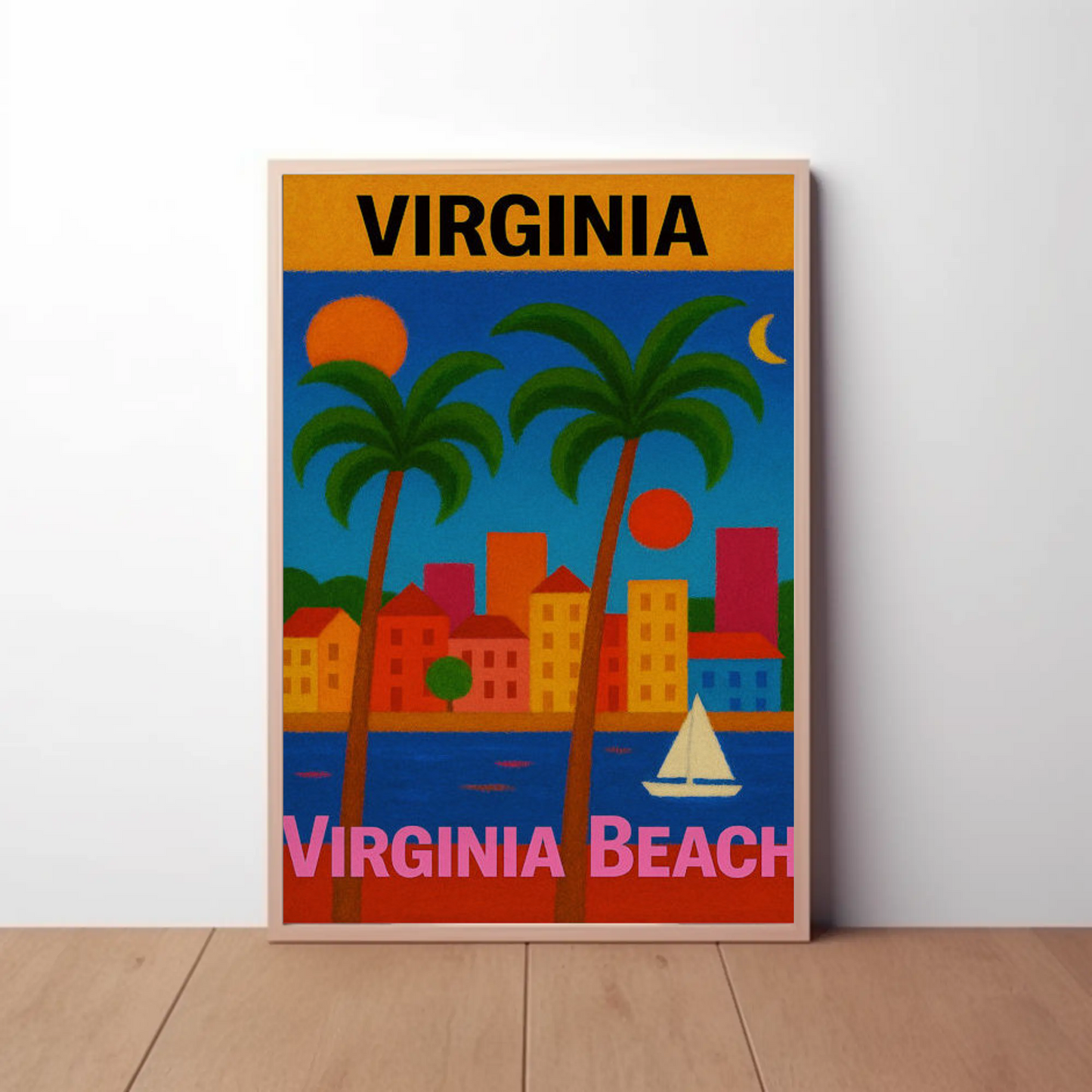 Virginia Beach Colorful Palms Cityscape Sunset Travel Poster