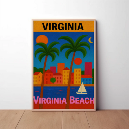 Virginia Beach Colorful Palms Cityscape Sunset Travel Poster