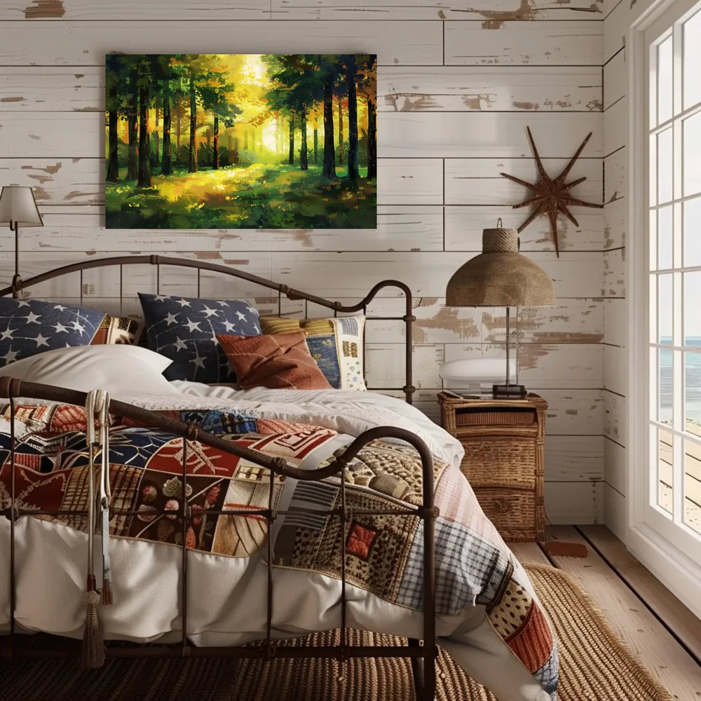 Golden Sunlit Forest: Impressionist Autumn Landscape Poster