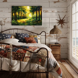 Golden Sunlit Forest: Impressionist Autumn Landscape Poster