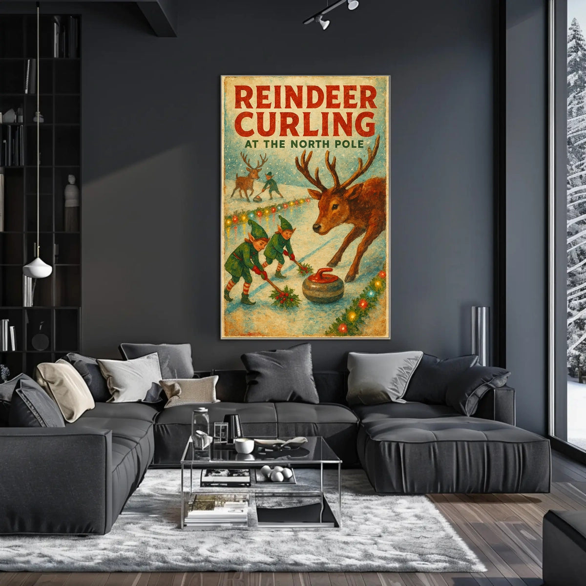 Reindeer Curling at the North Pole Poster