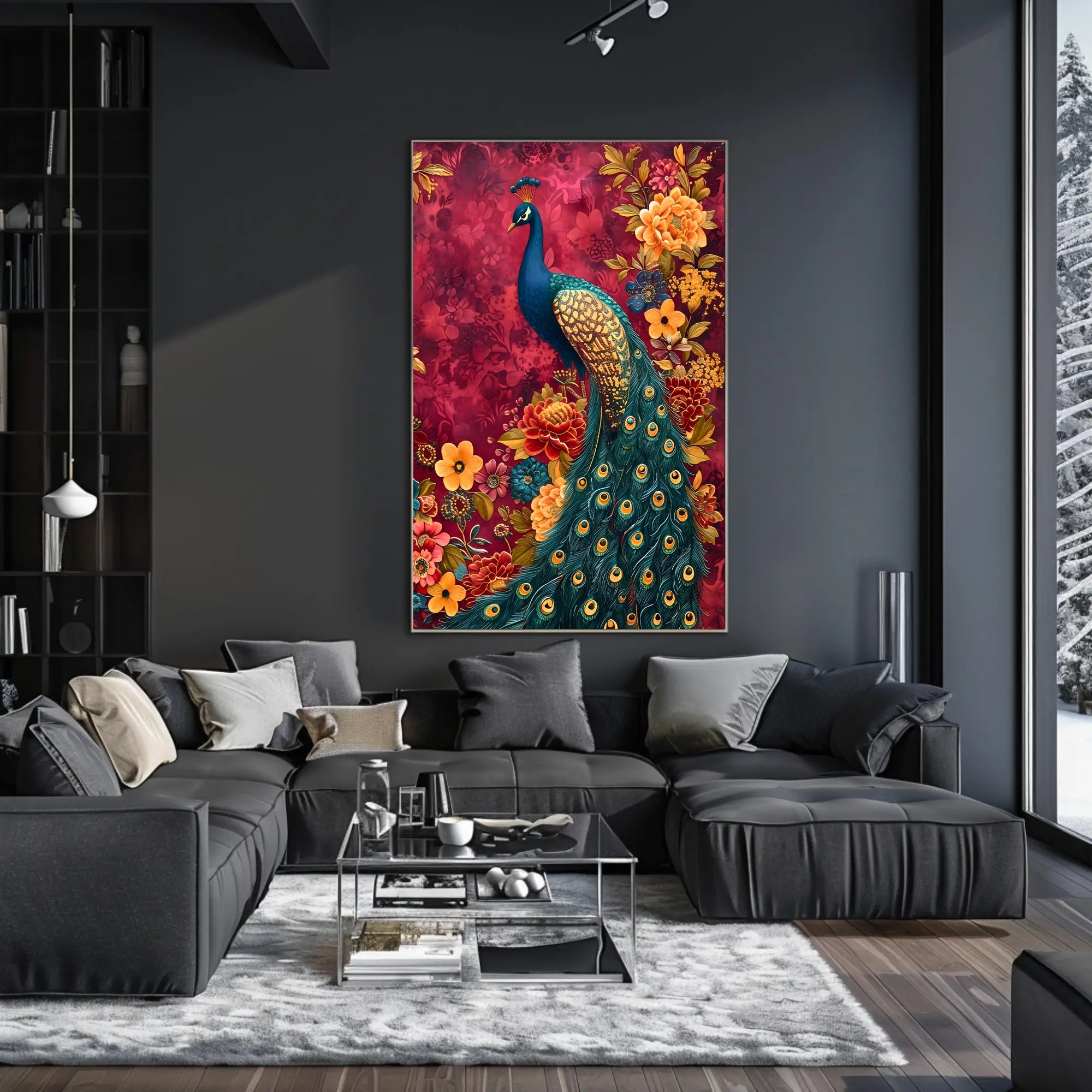 Majestic Peacock Amidst Lush Blooms: Artistic Animal Poster