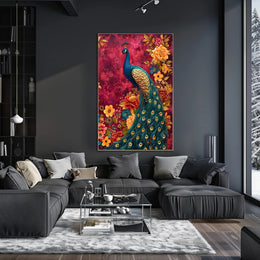 Majestic Peacock Amidst Lush Blooms: Artistic Animal Poster