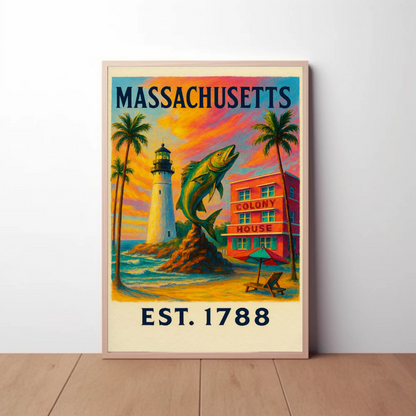 Massachusetts Lighthouse Fish Colony House Sunset Poster