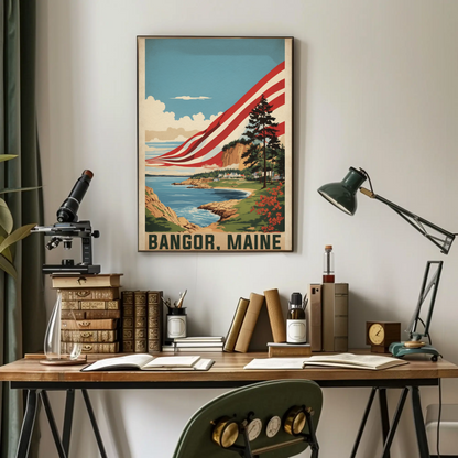 Bangor Maine Coastal Cliffside Vintage Travel Poster