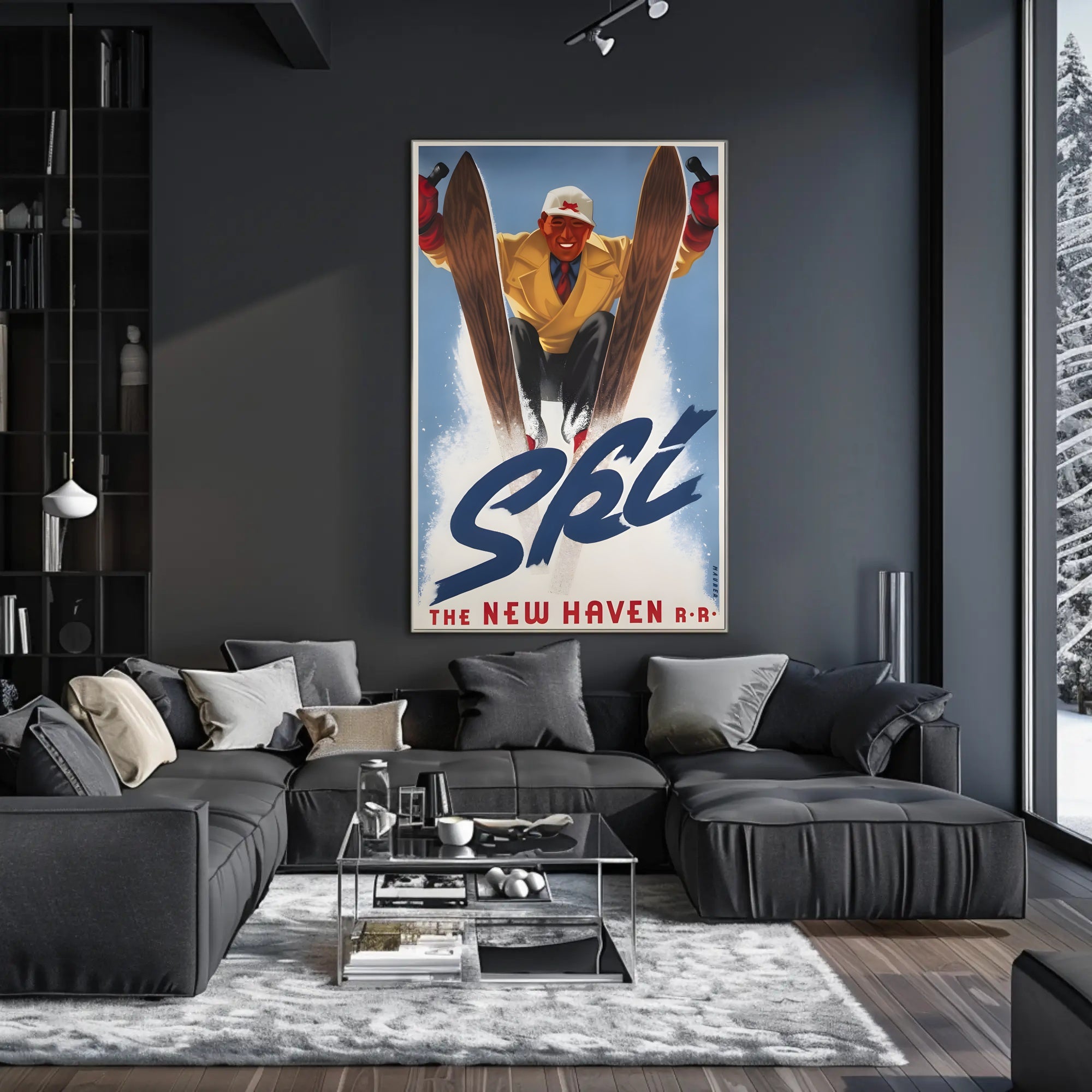 Vintage Ski Adventure: Energetic New Haven Railroad Sports Poster PosterGoat