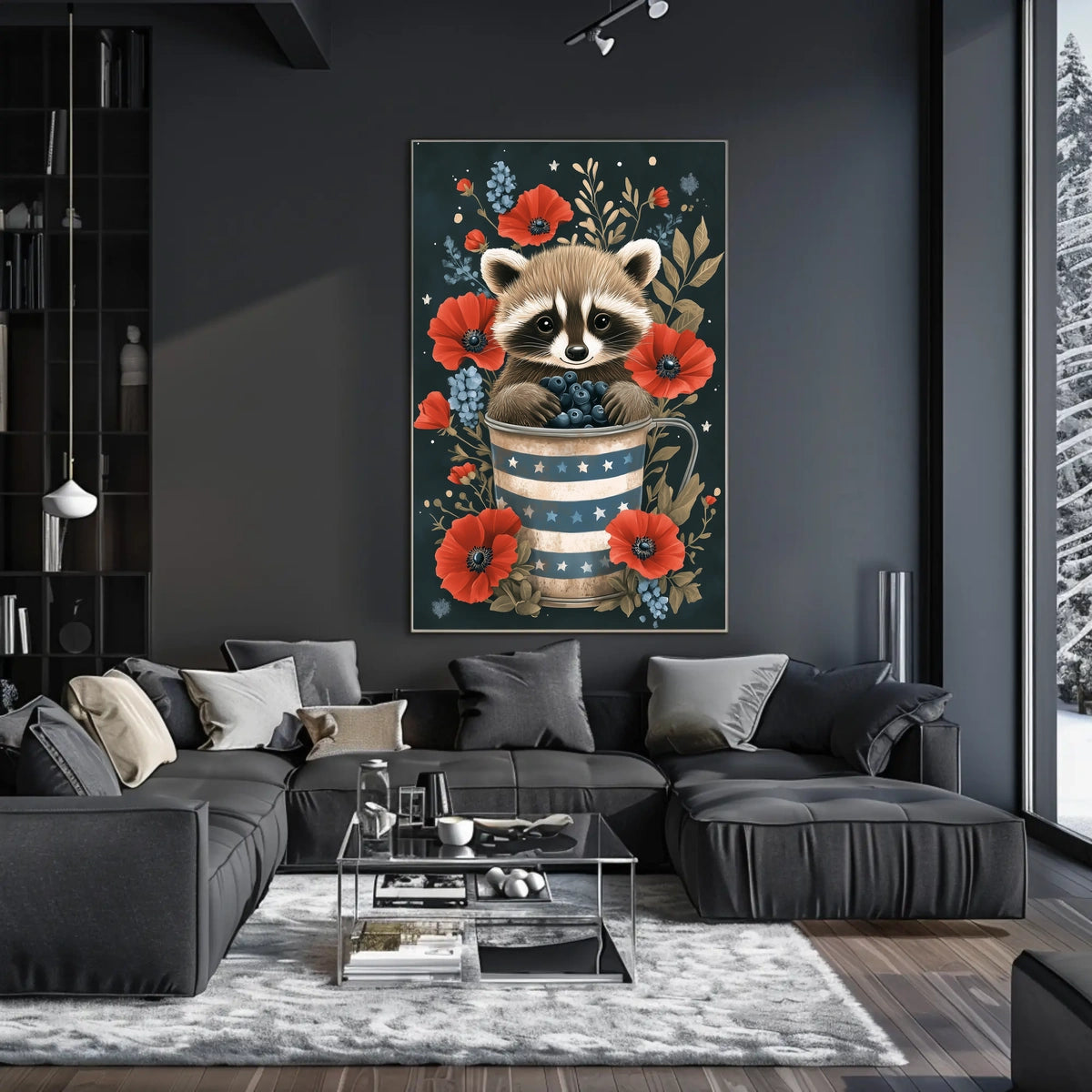 raccoon sitting inside a metal watering can Poster