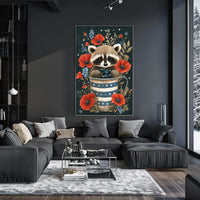 raccoon sitting inside a metal watering can Poster