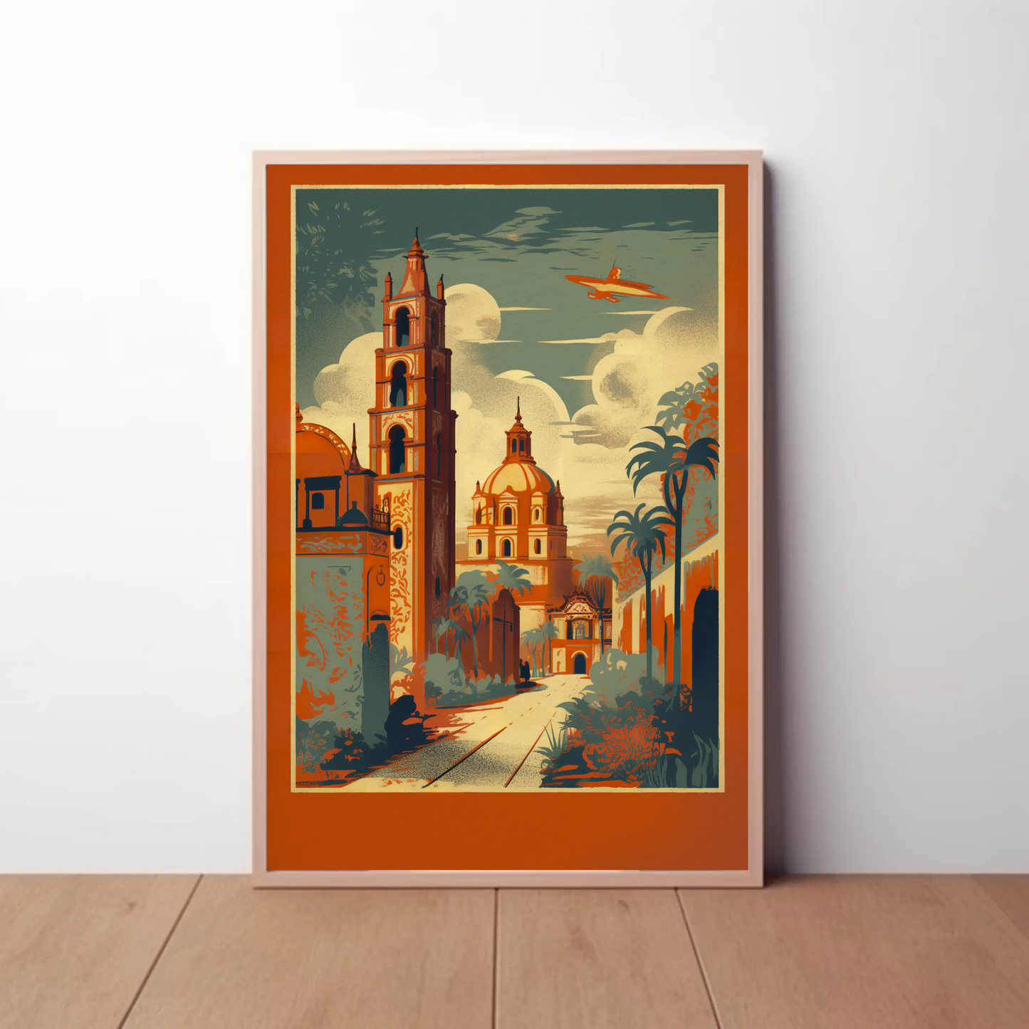 Colonial Cathedral Landmarks Courtyard Palms Plane Travel Poster