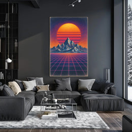 Retro Synthwave Mountain Landscape: Futuristic Sci-Fi Poster