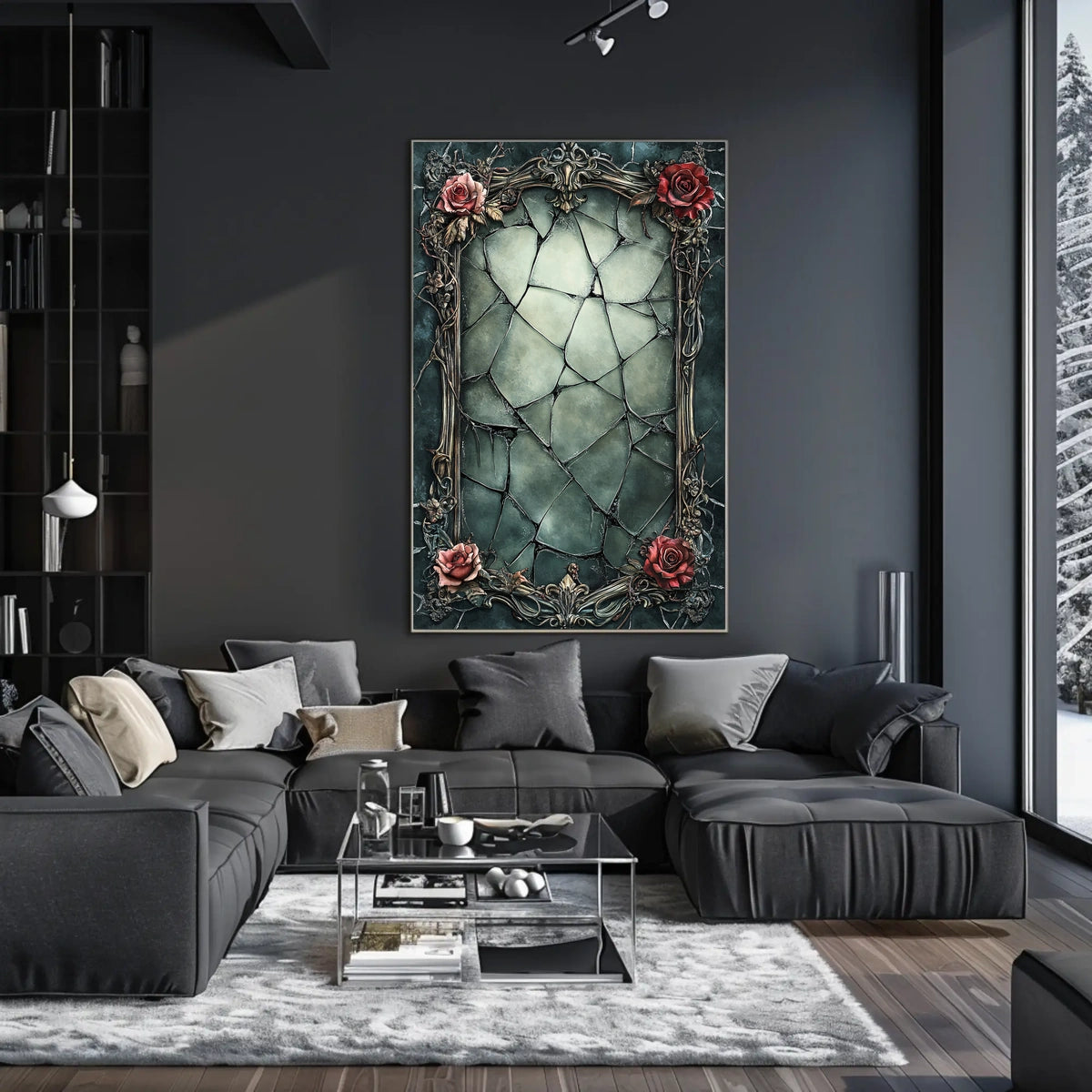 Ornate Gothic Floral Art Print with Roses and Cracked Frame Poster