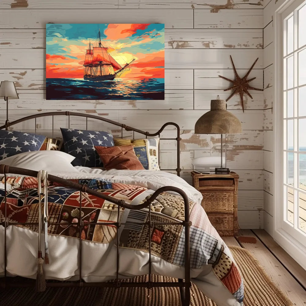 Vintage Sailing Ship at Vibrant Sunset Poster