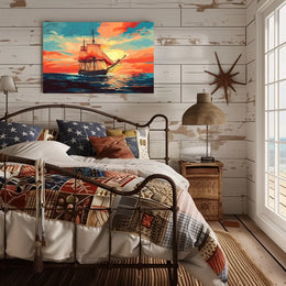 Vintage Sailing Ship at Vibrant Sunset Poster