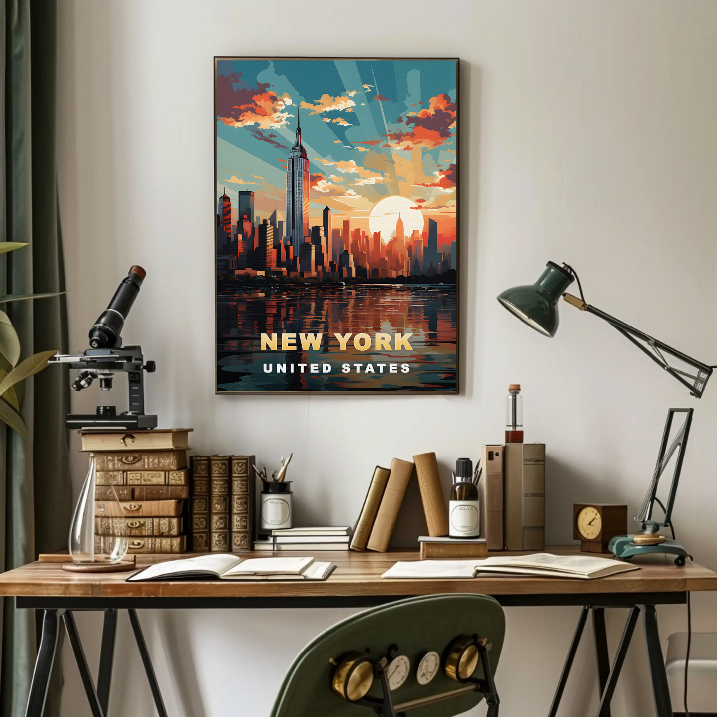 New York City Empire Sunset Reflection Vintage Travel Poster
