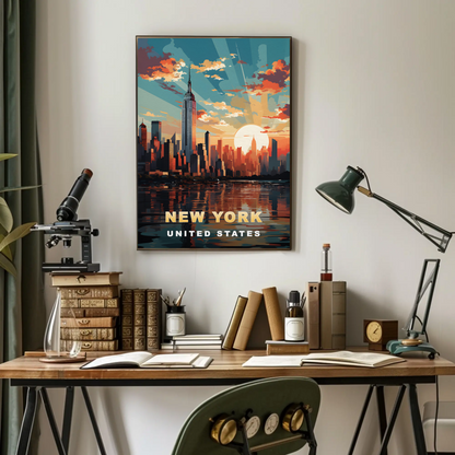 New York City Empire Sunset Reflection Vintage Travel Poster