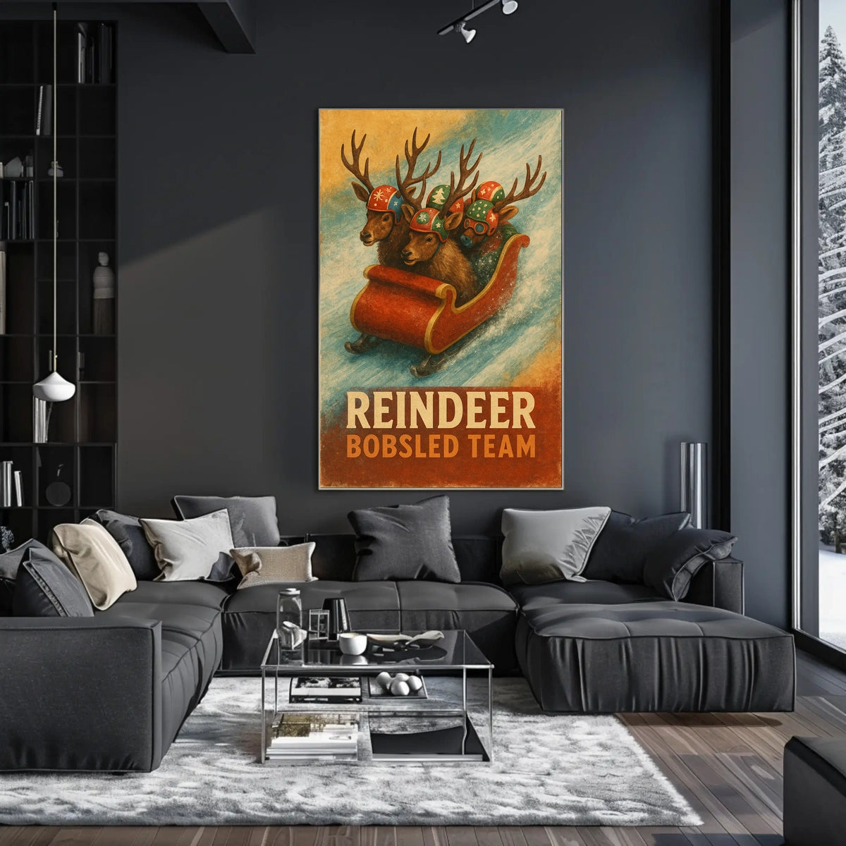 Whimsical Reindeer Bobsled Team Festive Sports Poster
