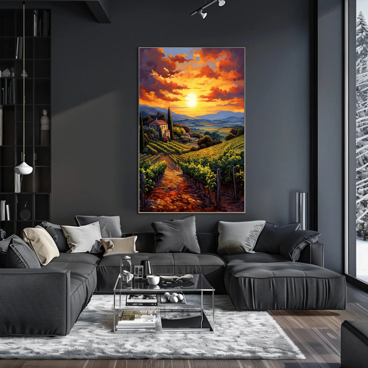 Picturesque Vineyard Landscape With Impressionistic Sunset Artistic Poster