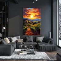 Picturesque Vineyard Landscape With Impressionistic Sunset Artistic Poster