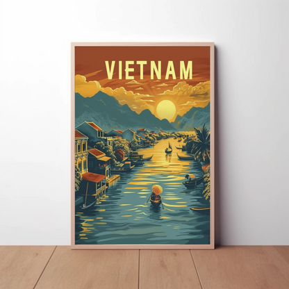 Vietnam River Sunset Floating Village Travel Poster
