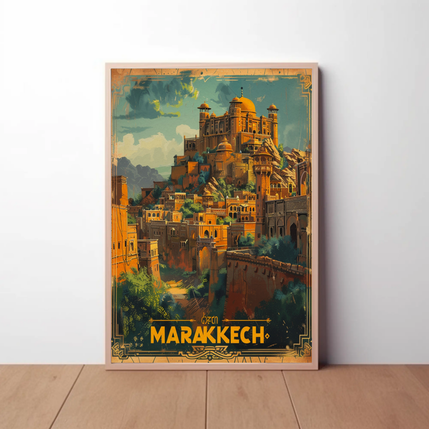 Marrakech Medina Palaces Mountains Travel Poster