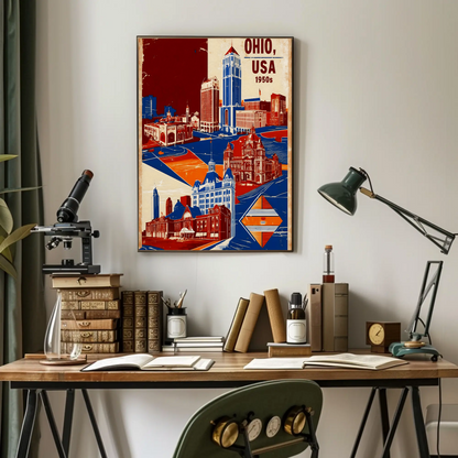 Ohio USA 1950s Civic Towers Vintage Travel Poster