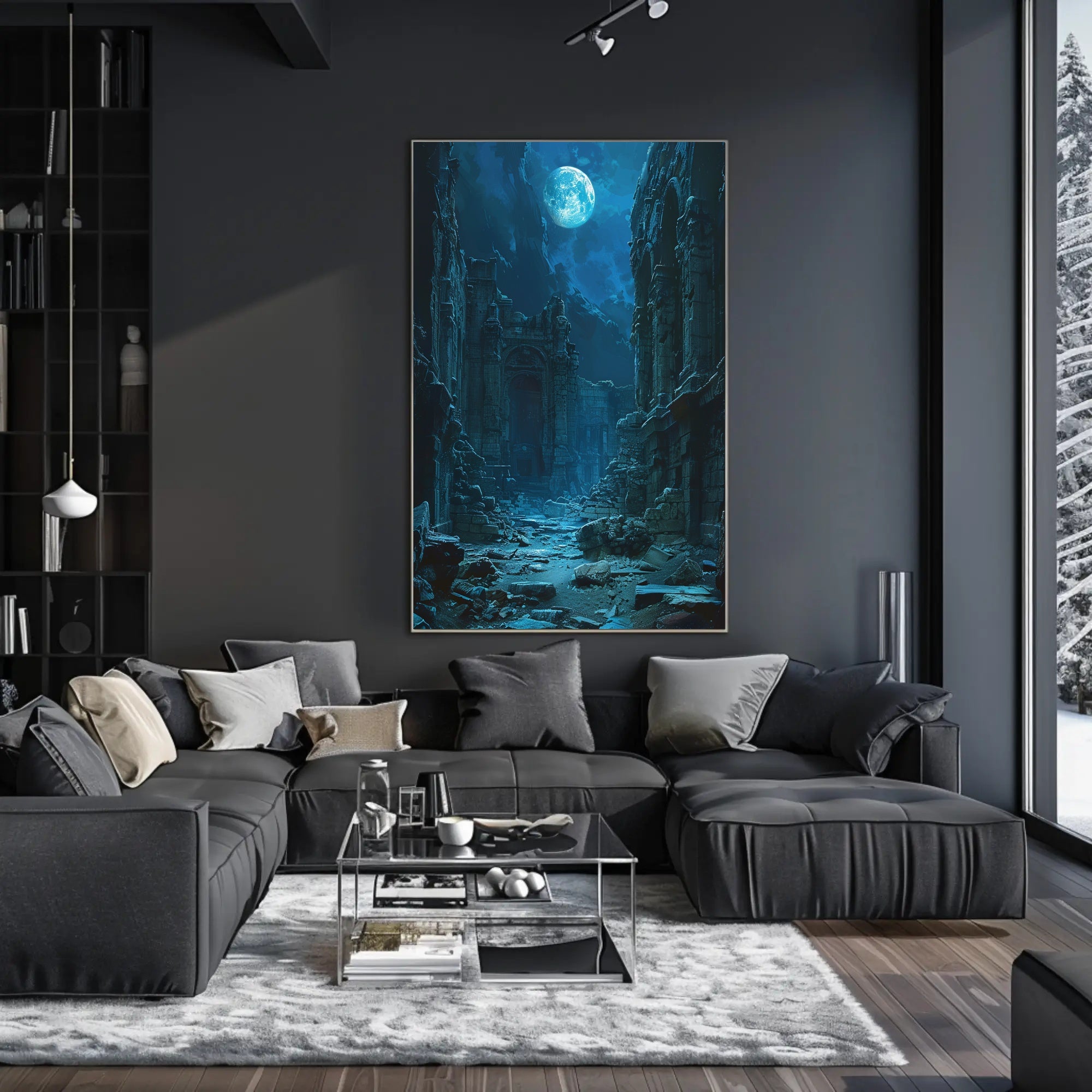 Moonlit Ruins: Enchanted Scene of Ancient Civilization Fantasy Poster PosterGoat