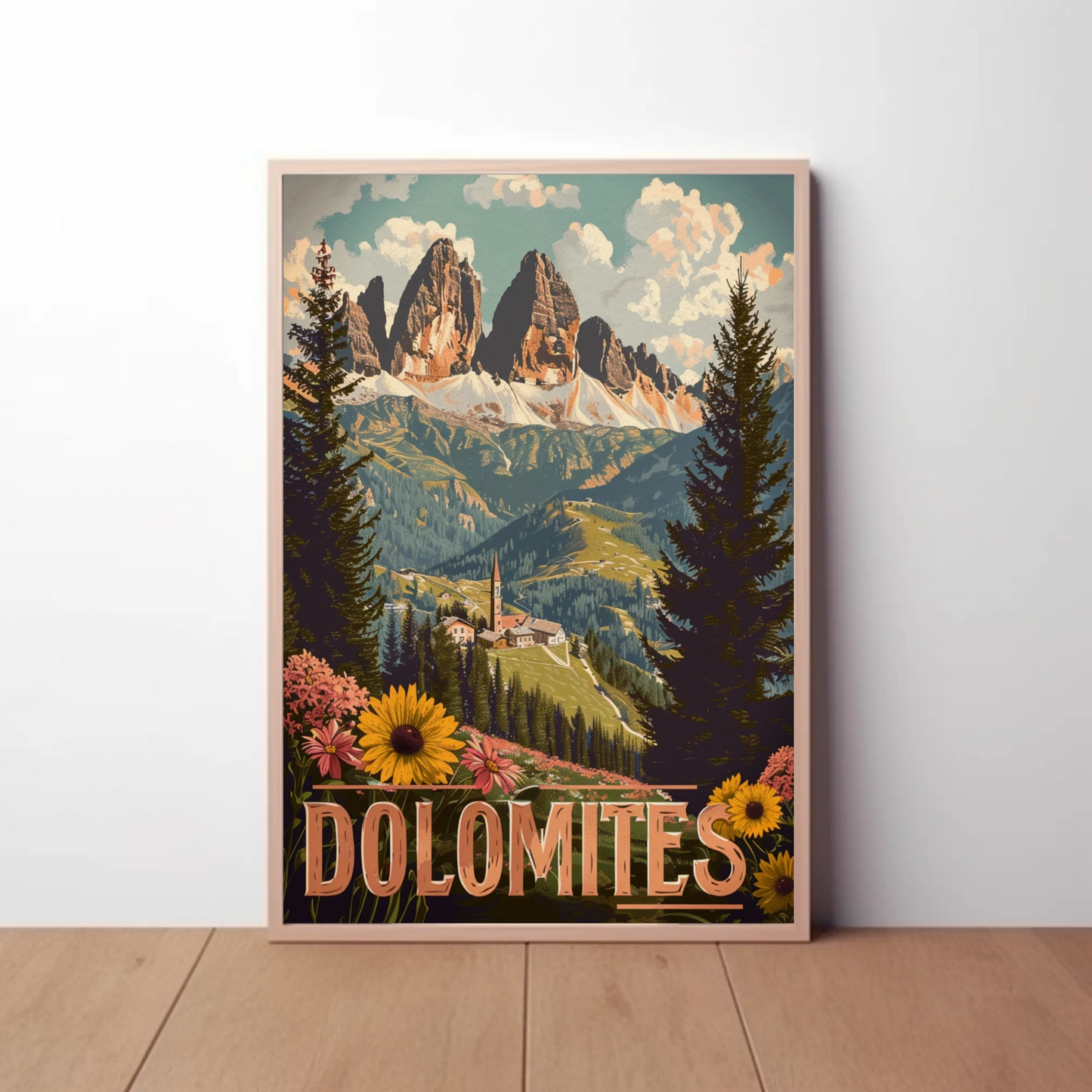 Dolomites Village Flower Meadow Travel Poster