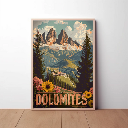 Dolomites Village Flower Meadow Travel Poster